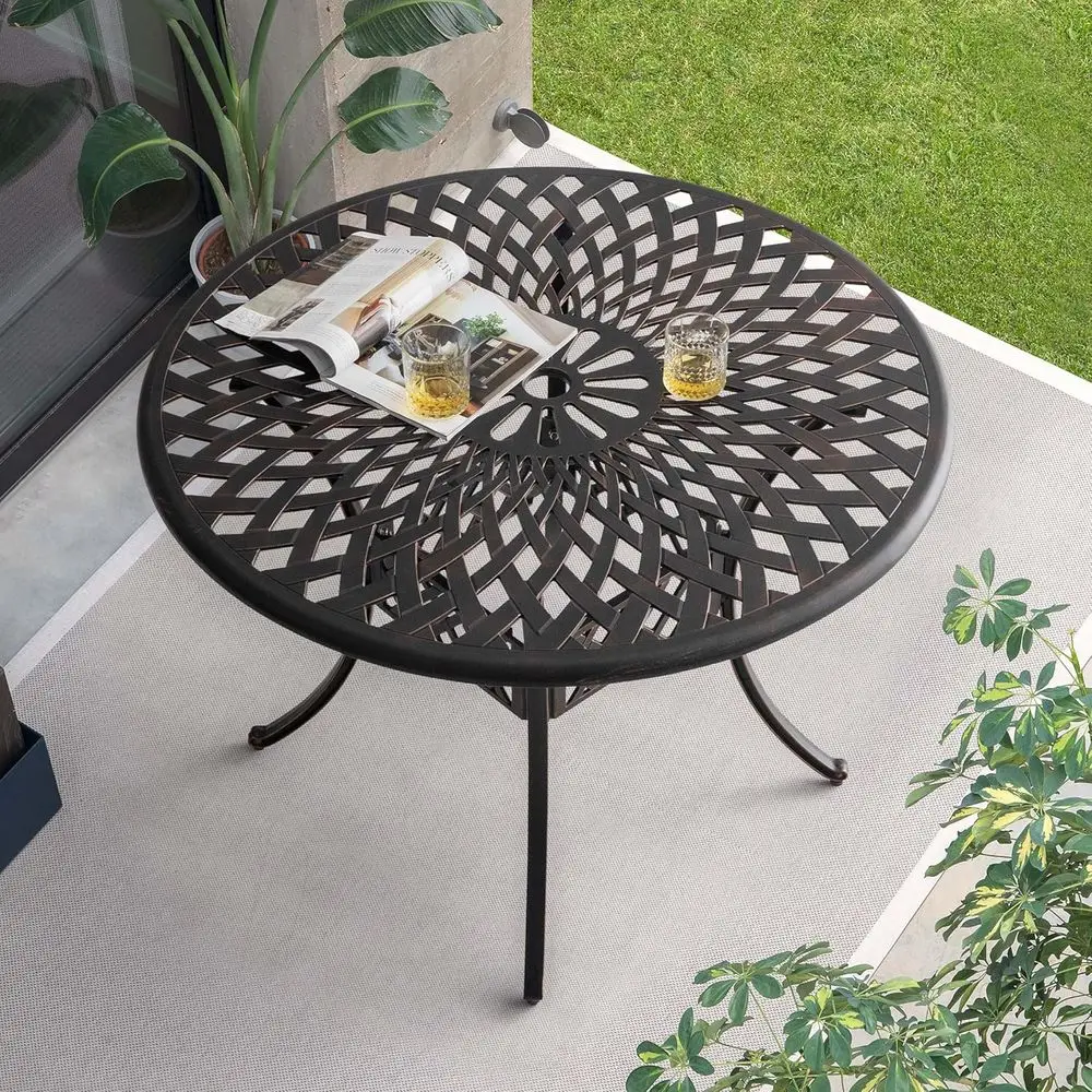 

Round Outdoor Dining Table, 42 Antique Bronze Cast Aluminum Patio Table with Umbrella Hole, Perfect for Garden, Porch, Bistro