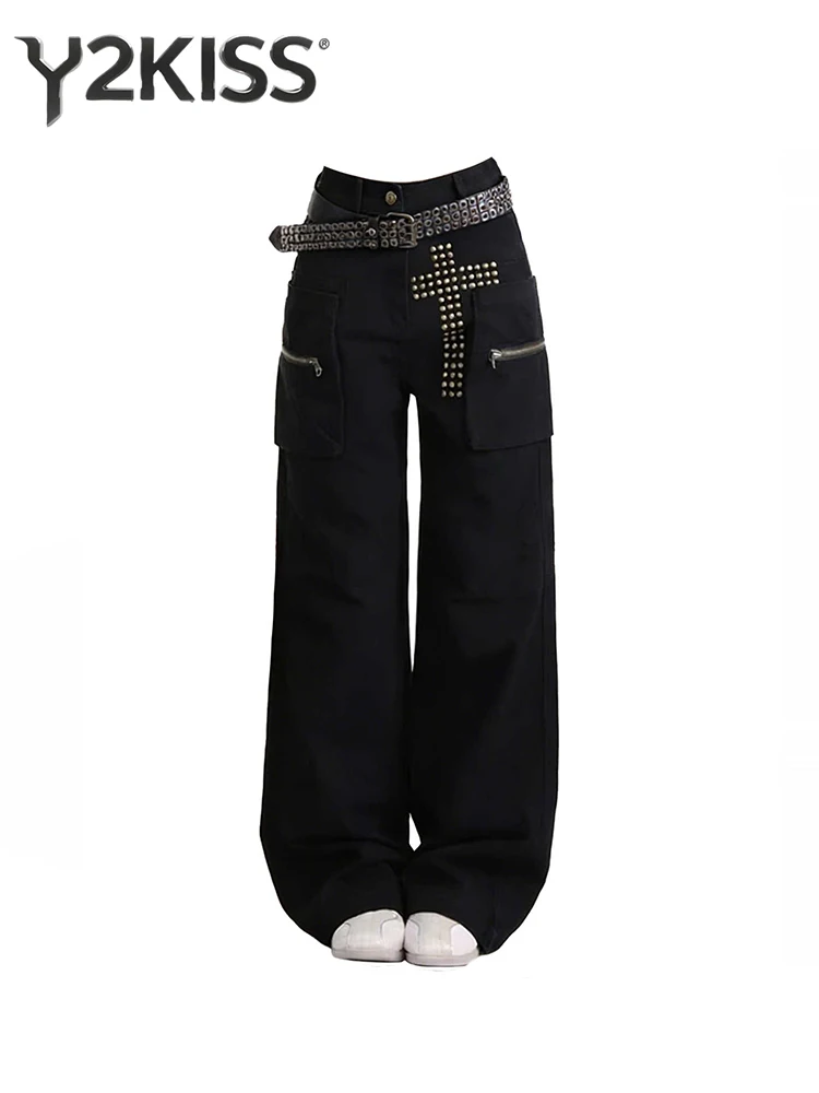 Women's Baggy Cargo Jean Dark Academia Designer Cross Denim Pants Y2K High Street Wide Fit Cowboy Japanese Harajuku Long Trouser