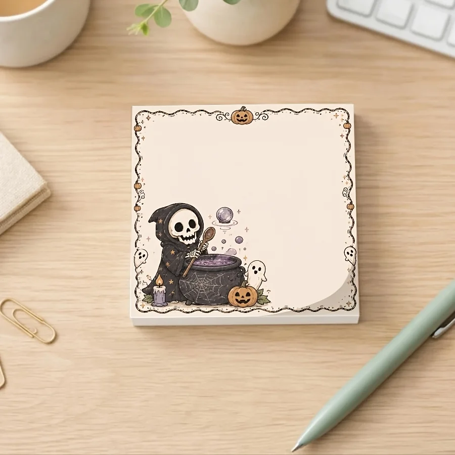 300/100-Piece Set Halloween Grim Reaper and Gothic Style Memo Pads with Skull, Witch, and Crucible Designs - Ghost and Pumpkin Desktop Writing Paper, Suitable for Journaling, Office Use, and Study - Square Stationery f