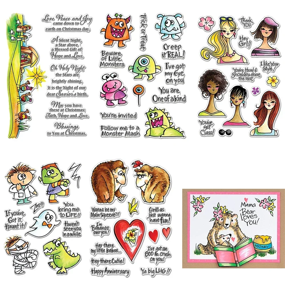 Schönes Mädchen und niedliche Cartoon-Tiere Monster klare Stempel für DIY Scrapbooking Fotoalbum geprägte Dekoration Kartenherstellung Handwerk