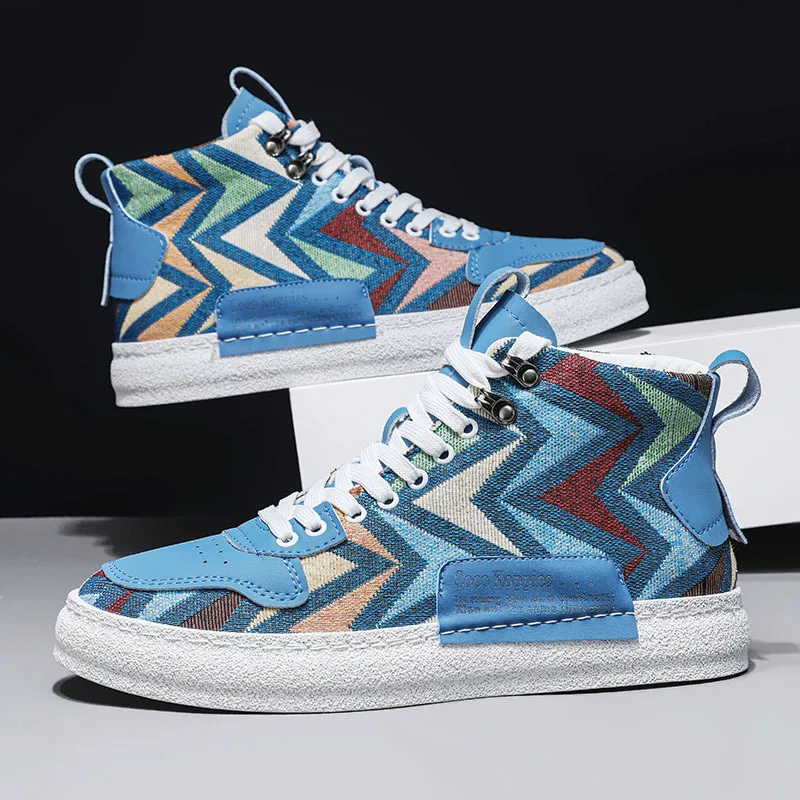 

New Designer Print Canvas Shoes for Men 2025 Harajuku Style Blue High Top Sneakers Men Espadrilles Breathable Vulcanized Sneaker
