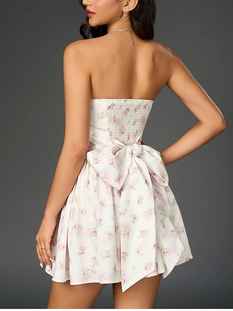 NewAsia – robe courte sans bretelles, imprimé Floral, Sexy, épaules dénudées, dos nu, avec nœud élégant, smockée, à volants, Mini robe de soirée d'été