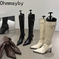 Pointed Toe Women Knee High Modern Boots Fashion Belt Buckle Slim Long Booties Thin High Heel Autumn Winter Ladies Shoes