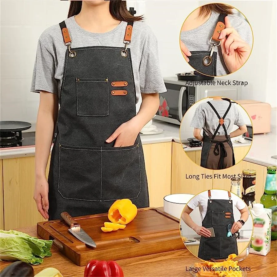 Adjustable Canvas Kitchen Apron with Large Pockets for Cooking and Baking - Perfect Chef Bib Apron for Home and Professional Use