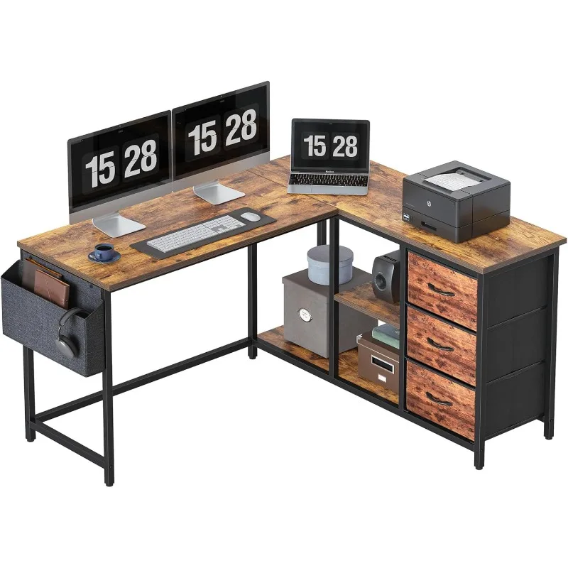 

L Shaped Desk with Drawers, Computer Desk with Storage & Shelves, Corner Desk with Storage, Home Office Desks with Drawers