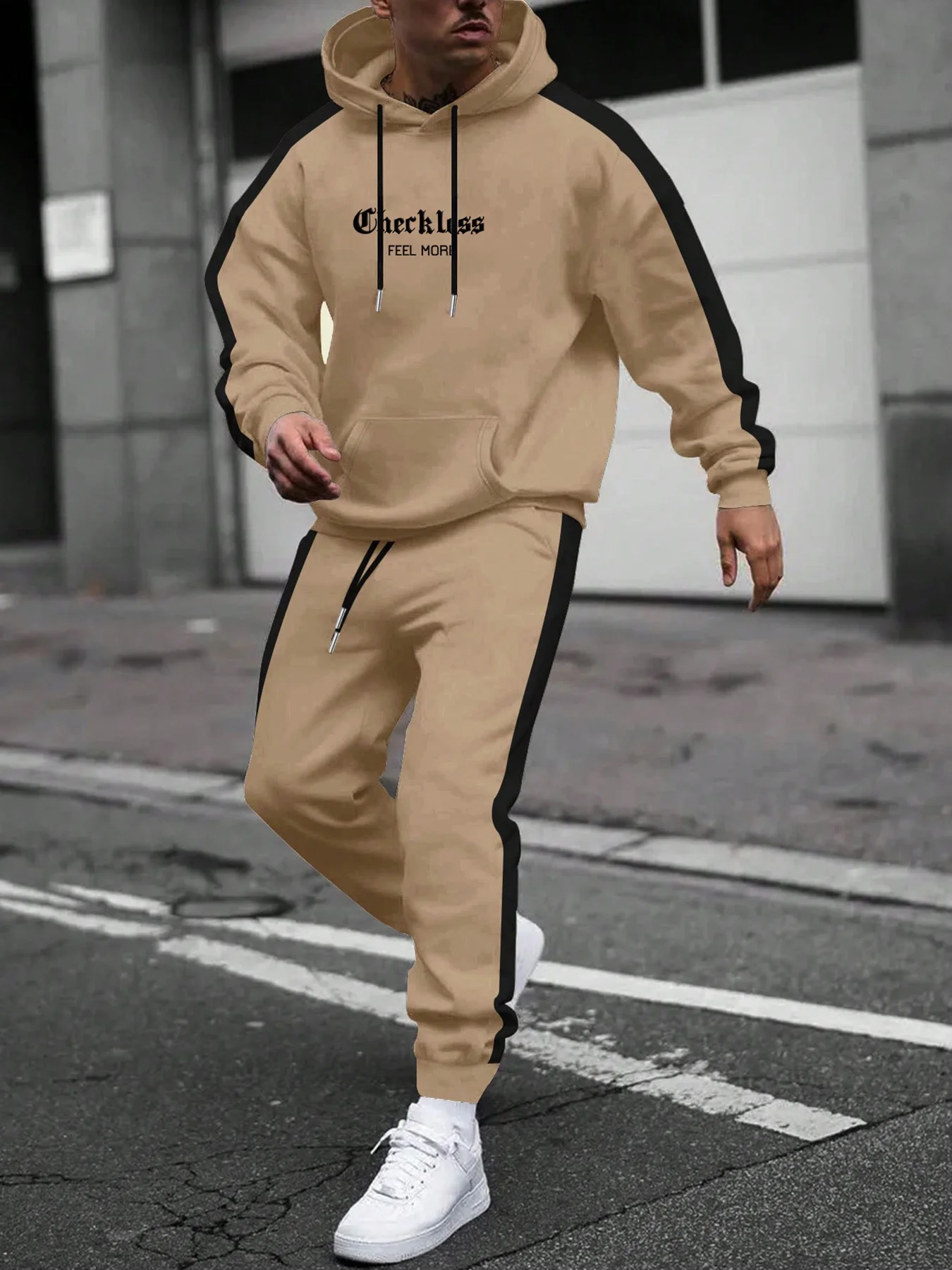 

Men's Color Block Tracksuit, "Checkless Feel More" Print Hoodie & Jogger Pants Set, Casual Streetwear