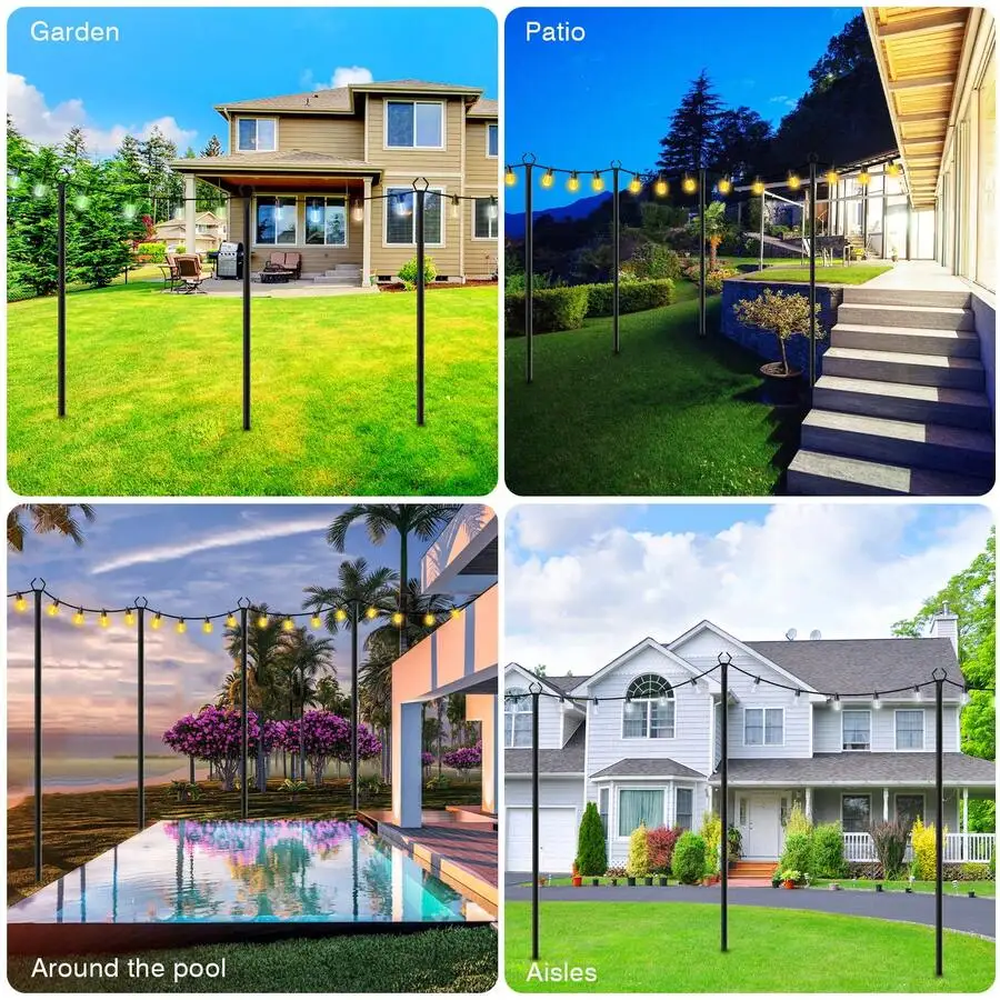 10Ft 4 Pack String Light Poles,Light Poles For Outside Lights,Outdoor With Fence Brackets Hanging Lights,Metal Stand Deck Patio Backyard, Heavy Duty Stepped-In 3-Prong Base Light Pole For Backyard Decoration