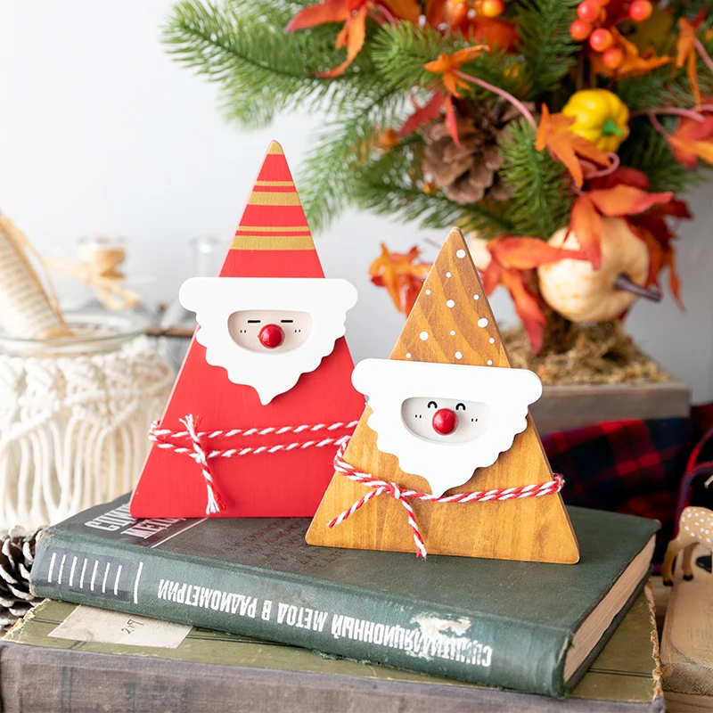 Scottish plaid triangular wooden Christmas tree Santa Claus ornament, Japanese home Christmas decoration cartoon ornament gift