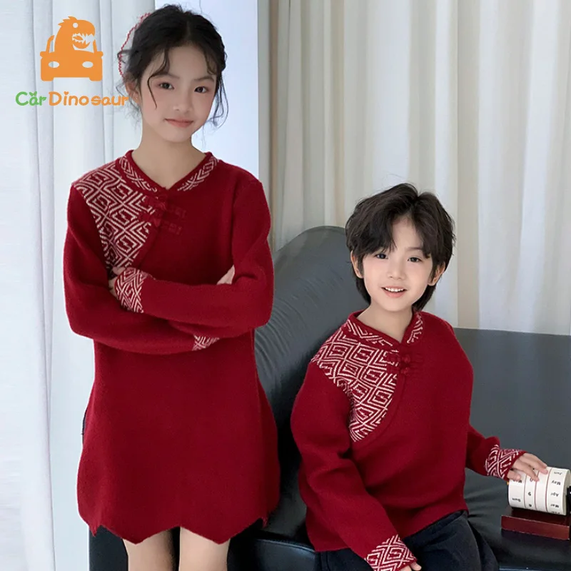 2025 Winter 1-12 Years Girl Boy Sibling Brother Sister S-XXL Adults Mom Dad Family Matching Outfits Red Chinese New Year Sweater