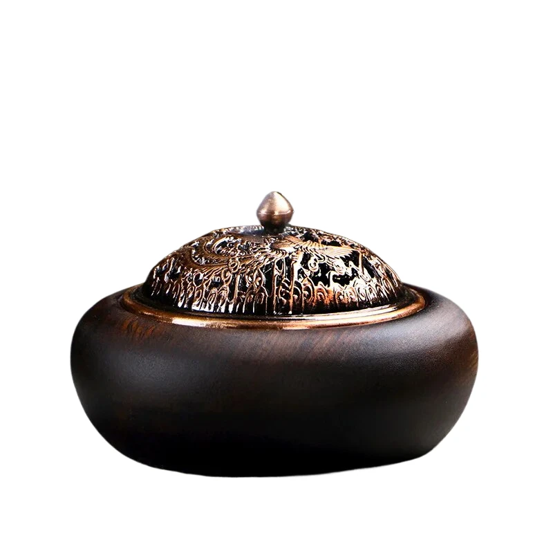 Retro Zen Backflow Incense Burner Pure Copper Lid Wooden Incense Burner Ebony Incense Burner Home Indoor Coil Incense Burner