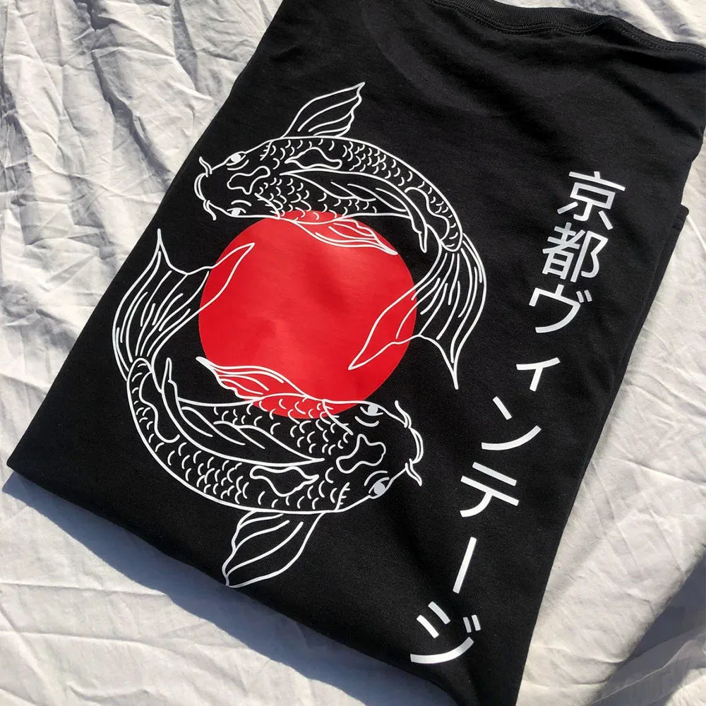 Kyoto Vintage Japanese Koi Carp Black T Shirt Unisex Men Women Summer Short Sleeve Cotton Casual Tops Tees Harajuku Street Shirt