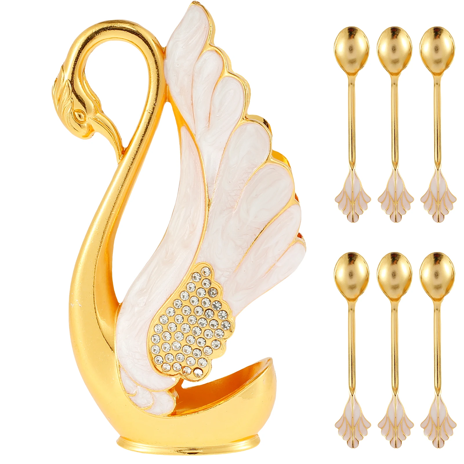 6Pcs Coffee Spoon Set with 1 Swan Shape Spoon Holder Zinc Alloy Swan Base Spoon Organizer Elegant Fruit/Dessert Swan Flatware