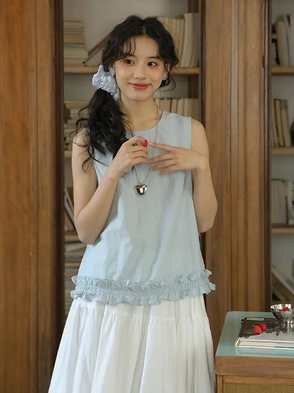 Set Vest Wanita Desain Renda Musim Panas 2025, Atasan Warna Polos Dua Potong, Modis, Trendi, Kerah Bulat