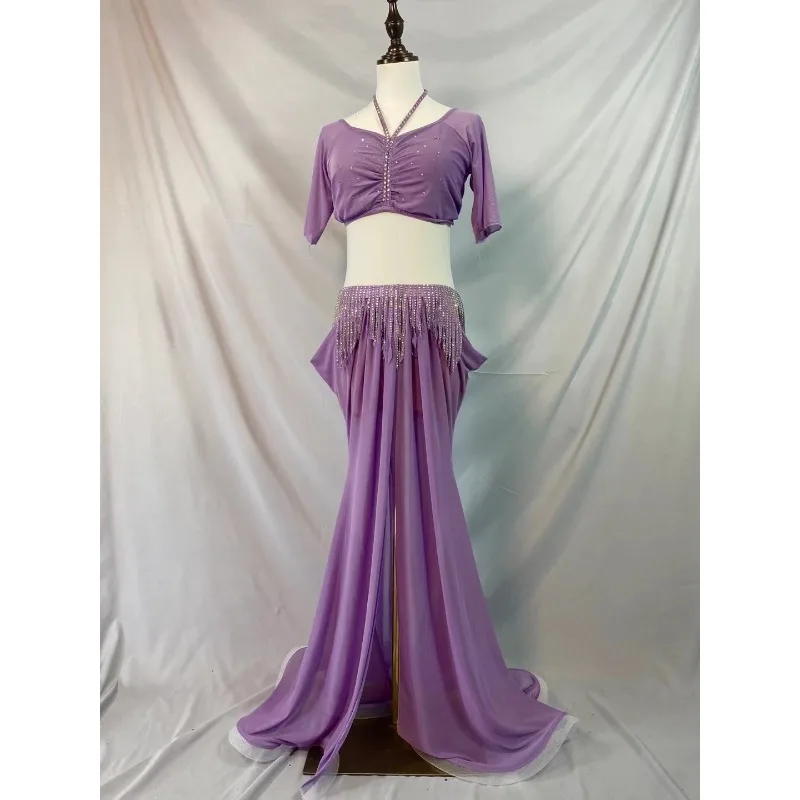 Maßgeschneidertes Bauchtanz-Kostüm, Übungs-Outfit mit sichtbaren Hüften, Diamantkette, Quaste, östliche Tanzkostüme, Klassenuniform