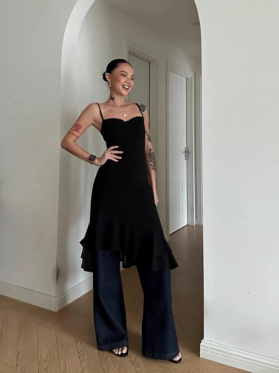 فستان نسائي متوسط الطول مكشكش شبكي من الخلف