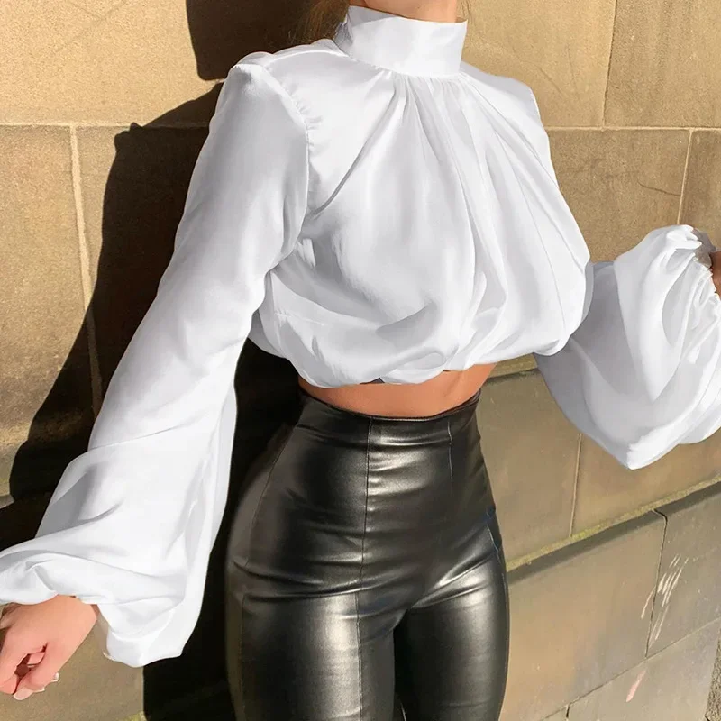 Sexy Puff Sleeves Satin Silky Blouse Shirts Spring Summer Women Turtleneck Blouses Lady Long Sleeve Cropped Top Female Clothes