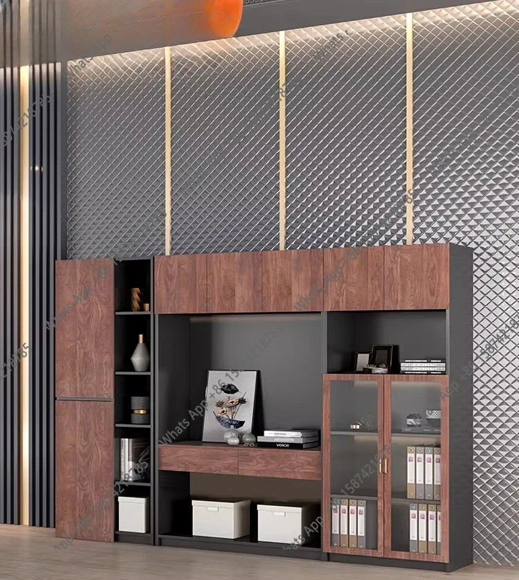 N62 Boss Office Bookcase Combination Display Rack High-end Black Walnut Solid Wood File Cabinet Wall Background Cabinet