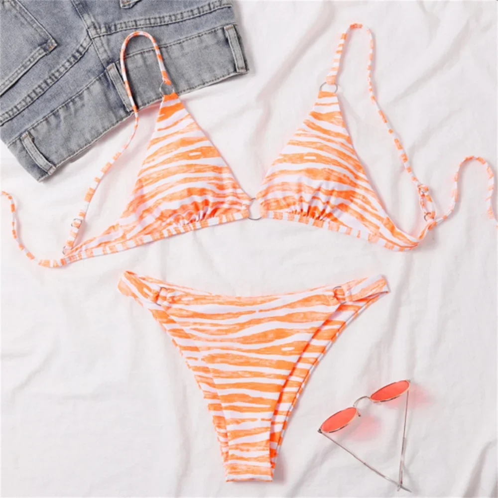 

Orange Zebra Swimsuit Y2K Print Sling Bikini Backless Lace Up Vacation Swimwear Women Micro Ring Thong Bathing Suit Beach Outfit