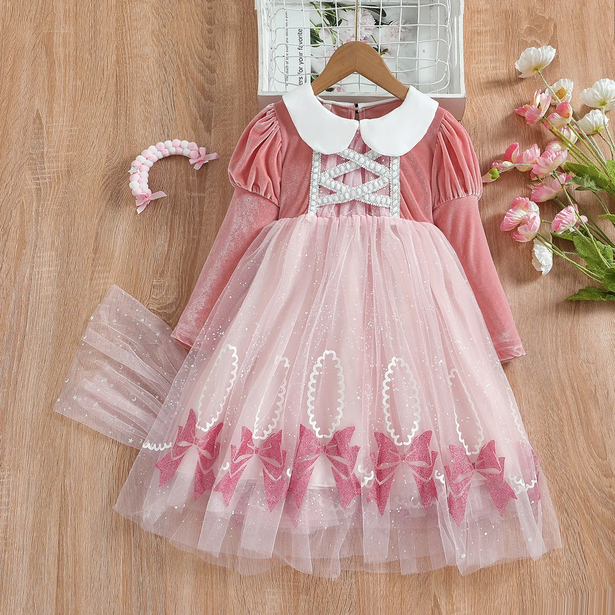 

Girls Princess Dress Spring and Autumn New Girls Solid Color Long Sleeve Sweet Gauze Dress with Cape Vestidos Ropa De Niña