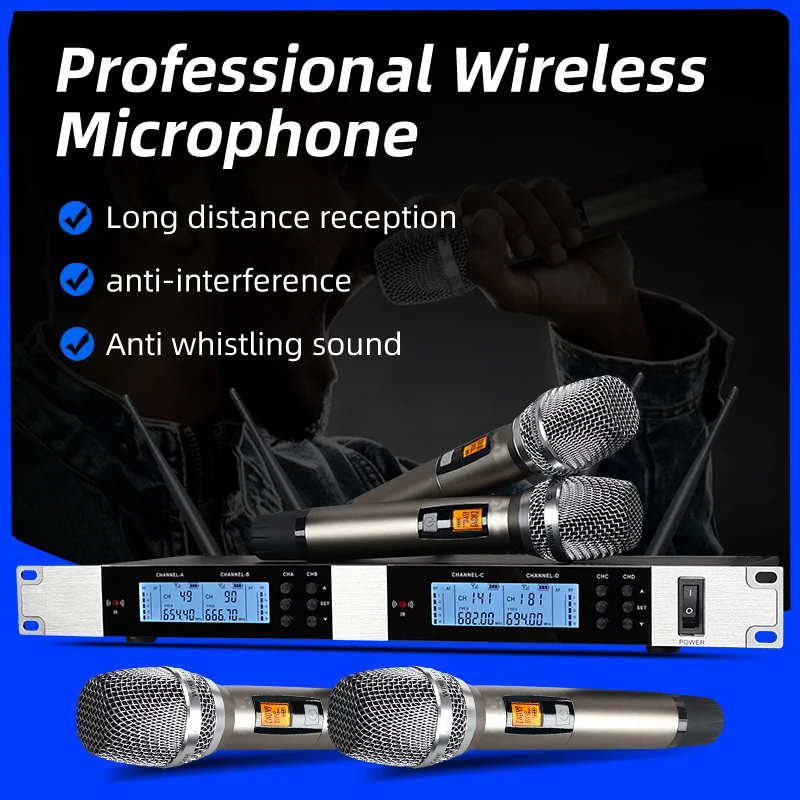 

Professional wireless microphone 4-channel UHF metal handheld collar clip for conference performance KTV singing