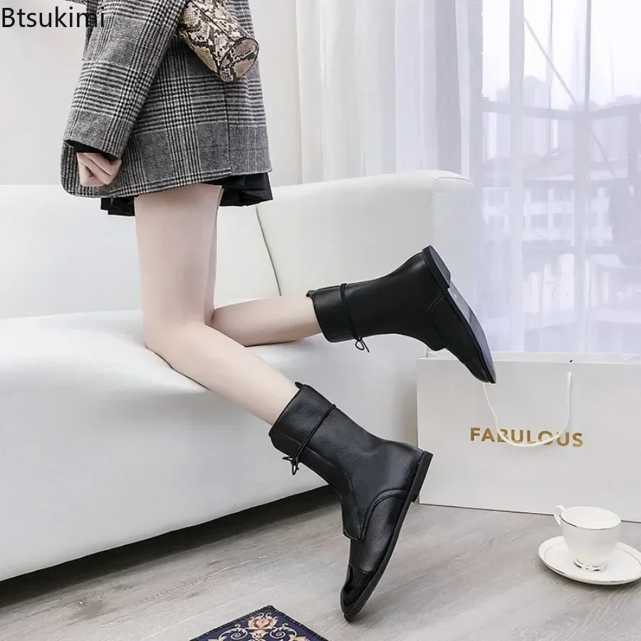 New2024 sepatu BOOT kasual ส้นเตี้ยของผู้หญิงหนัง PU แบบผูกเชือกรองเท้าครึ่งน่องรองเท้าหัวแหลมรองเท้าบูทสตรีมอเตอร์ไซค์สุดหล่อ