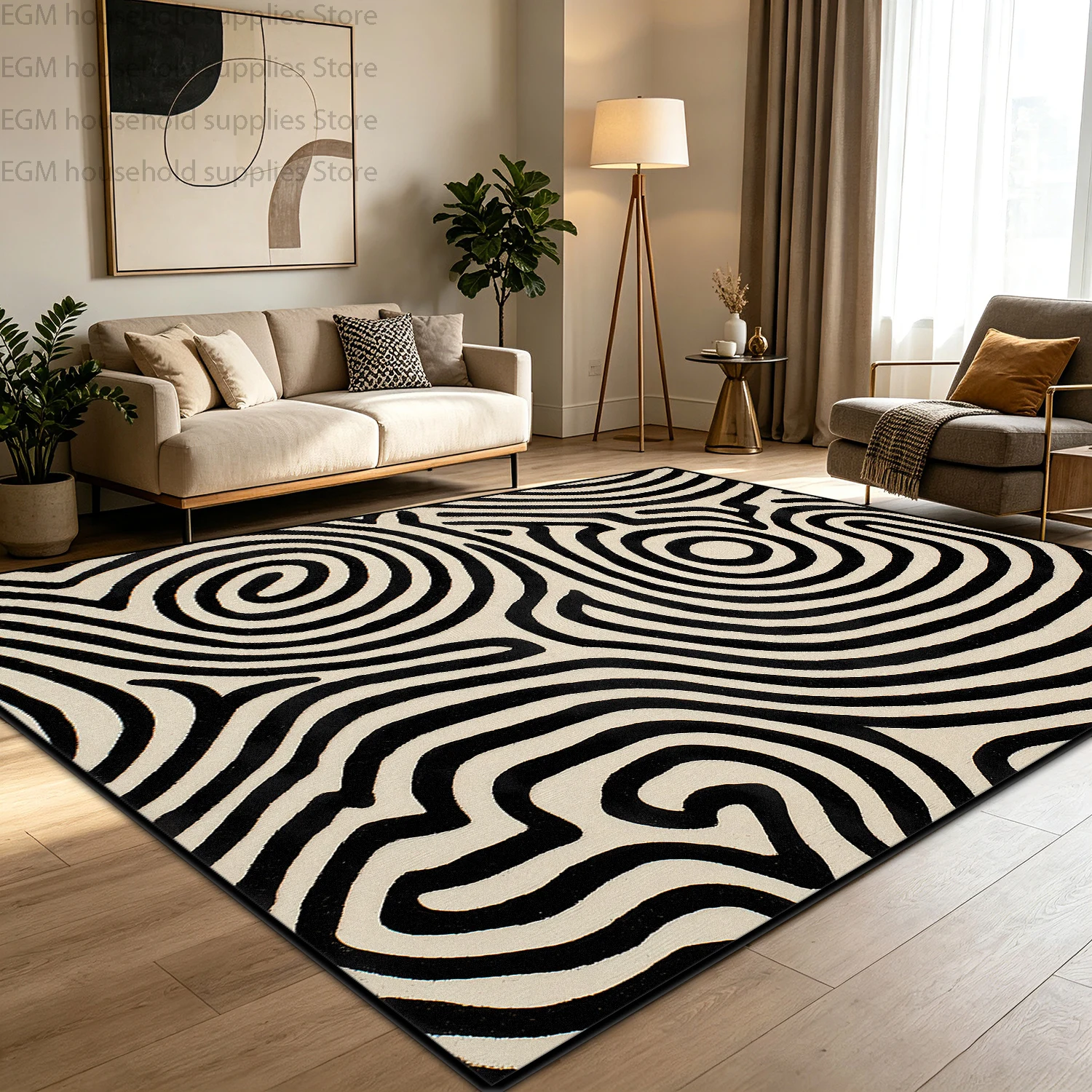 Nordic Geometric Carpet Black Cream Wave Pattern Living Room Decor Large Area Rugs Bedroom Washable Fluffy Non-Slip Floor Mats