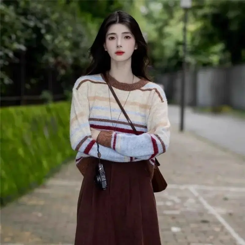 

New Fashion Striped Knitted Sweater Women Sping Autumn Preppy O-Neck Long Sleeve Pullover Top Casual Cashmere Jumper Knitwear