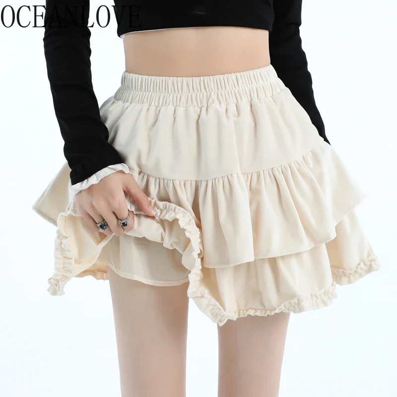 

OCEANLOVE Ruffles Women Skirts Solid Lace Patchwork Spring Autumn Vintage Faldas Mujer Korean Fashion Sweet A-line Mini Skirt