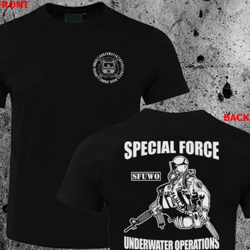 Family Matching T‑Shirt Black Tactical Diver Circular Badge Chest Underwater‑Theme Figure Large Back Slogan Streetwear SleeveTee