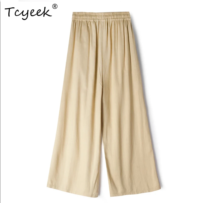 

Tcyeek 70% Mulberry 30% Cotton Spring Autumn Thin Wide Pants High Waisted Solid Color Nine Quarter Skirt Woman Trousers 여름바지 여성