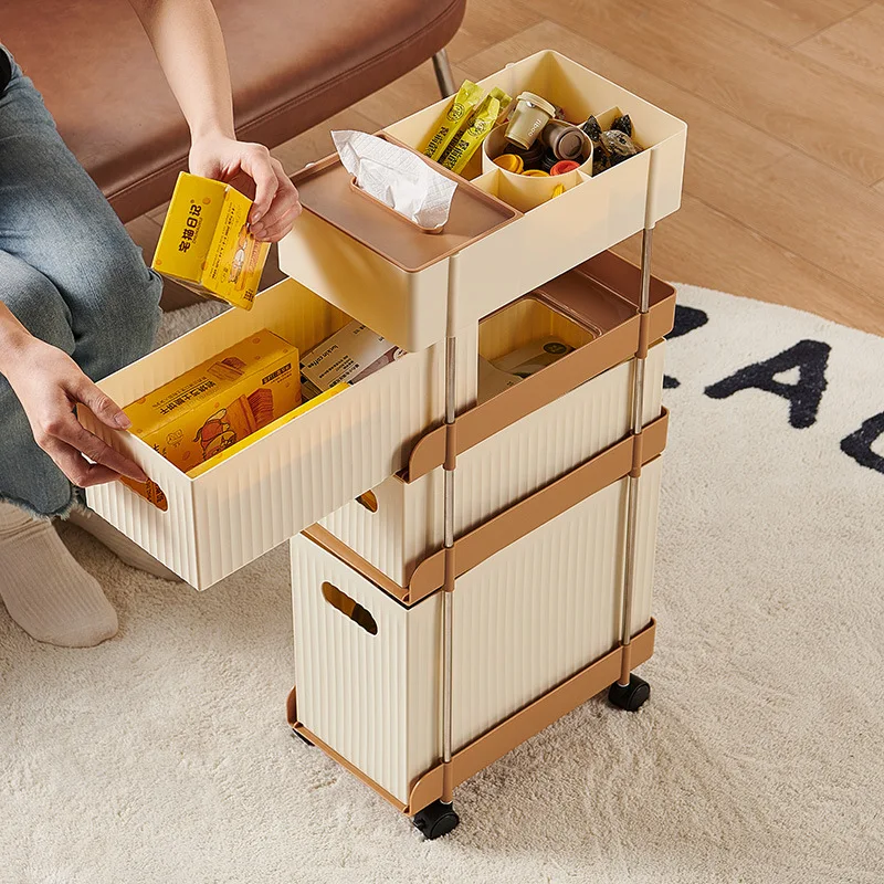 

Multi layer storage cabinet trolley, drawer style shelf, office supplies and snacks are stored in separate areas, tissue boxes