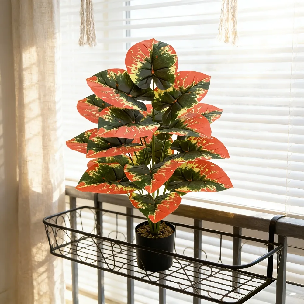 1 unidad de plantas verdes artificiales con hojas de taro Guanyin, ramo grande de 24 cabezas, decoración para interiores/exteriores, adornos de palmera