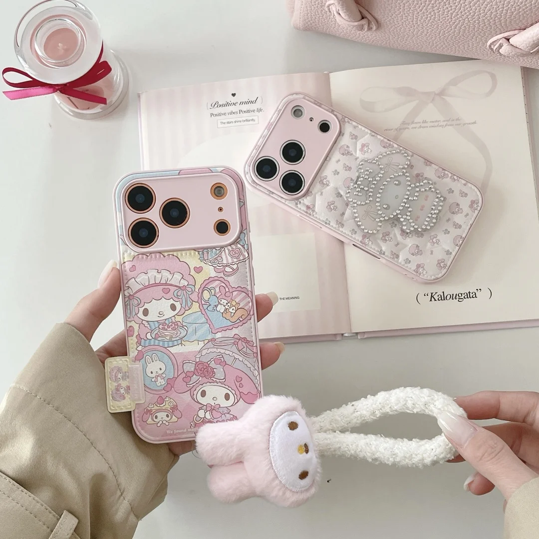

Cute Pink labels My Melody Plush lanyard Phone Case for iPhone 17 16 16E 15 14 13 Pro Max Plus Camera Protection Silcone Cover