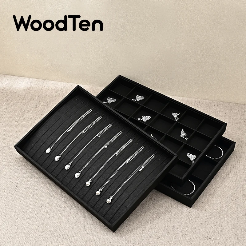 WoodTen Black Silk Jewelry Display Tray Stackable Necklace Earring Ring Watch Drawer Organizer Jewel Display Plate Storage Tray