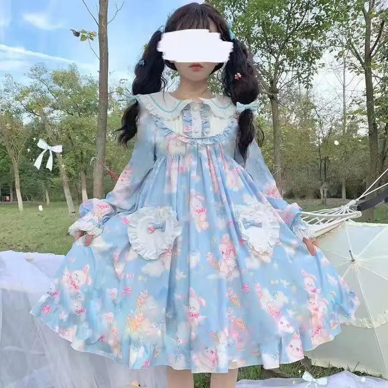 KOSAHIKI New Kawaii Japanese Lolita Vintage Dress Lamb Printing   Women Soft Girl Style Cute Princess Lace