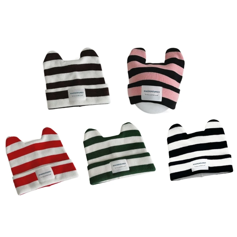 

W3JF Striped Cat Ear Hat Hat Kid Soft Baby Bonnet Cap Winter Hat for Baby