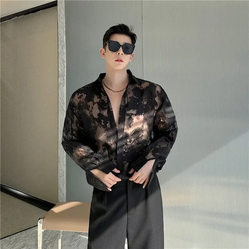 Korean Style Men Summer Sheer Floral Long Sleeve Shirt Thin Mesh Casual Trendy Handsome Sun Protection Tops S-3XL