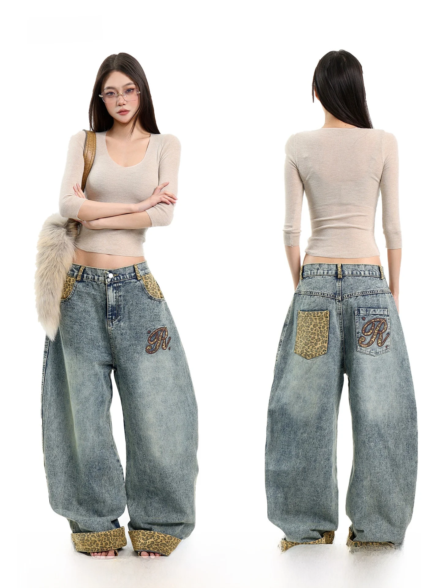 

Джинсы женские CCUP SPACE в американском ретро-стиле с леопардовым принтом и пэчворком, свободные, широкие, с эффектом потертости, весенняя коллекция