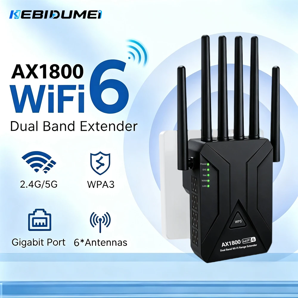 KEBIDUMEI 1800Mbps Wireless Repeater Dual Band 2.4Ghz 5GHz WiFi Extender Wi-Fi 6 Amplifier Long Range Signal Expansion Booster