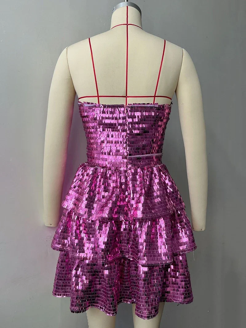 Women Adult Performance Dance Party Dress Sleevelss Hollowed Out Pleated Dress with Pink Bow Square Sequin Strapless Skirt