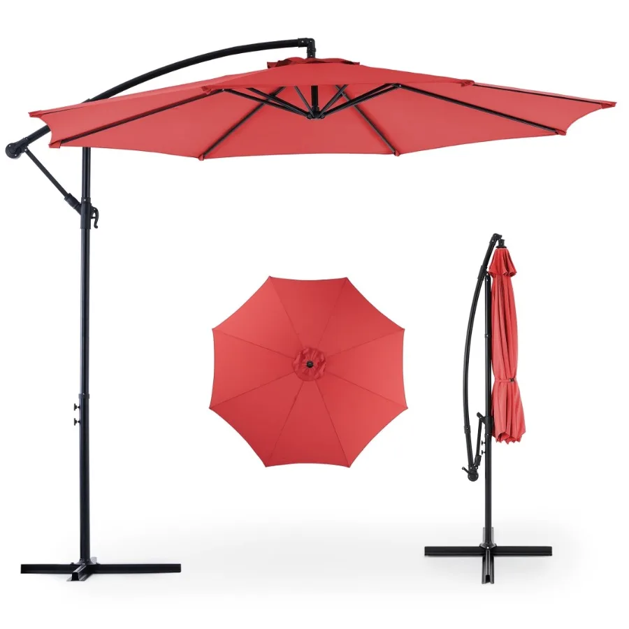 

10FT Offset Hanging Patio Umbrella Outdoor with Push Button Tilt and Self-Locking Polyester Shade 8 Sturdy Ribs Red