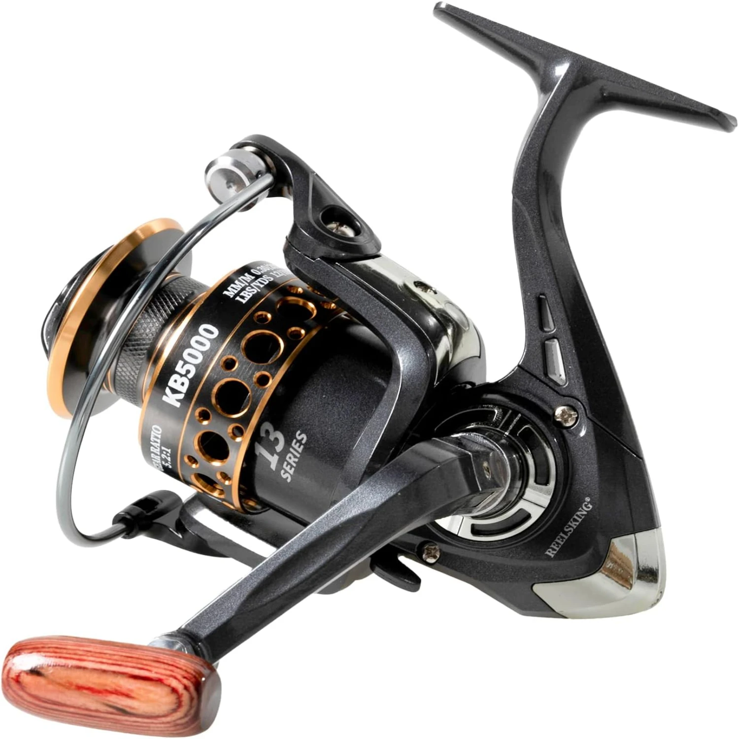 

Black/Gold Powerful Metal Body Spinning Fishing Reels with Left/Right Interchangeable Collapsible Wood Handle for Saltwater Fres