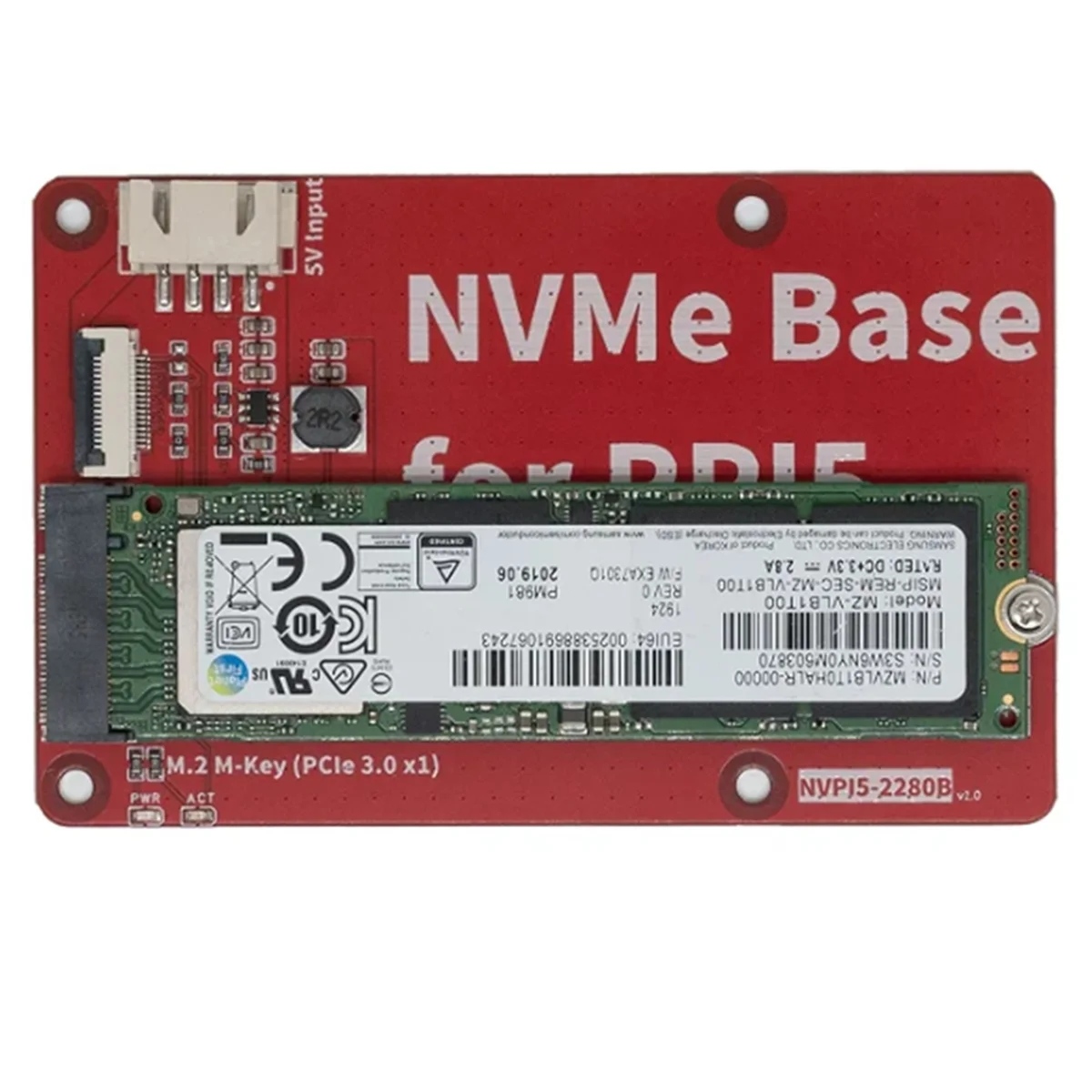 NVPI5-2280B NVMe Development Board SSD PCB M.2 M-Key 2230, 2242, 2260, 2280 PCIe Gen3 for Raspberry Pi 5