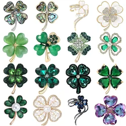 Rhinestone Shamrock Four Leaf Clover Brooches for Women Unisex Glass Plant Pins Banquet Party Backpack Gifts Jewelry Accessories