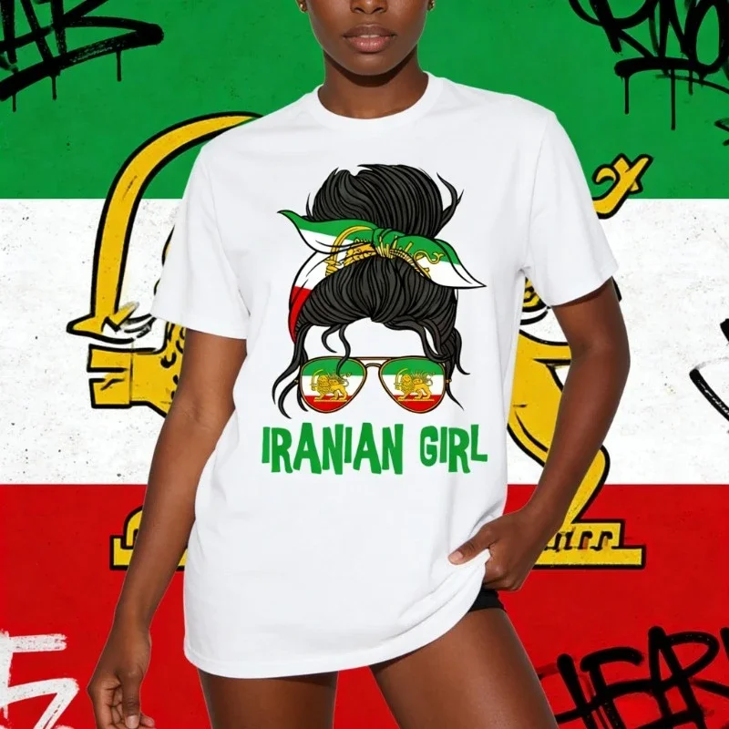 Iranian Girl's Cotton T-Shirt with Flag Lion Graphic Print Fashion Daily Wear for Kids Women's Iranian Clothing