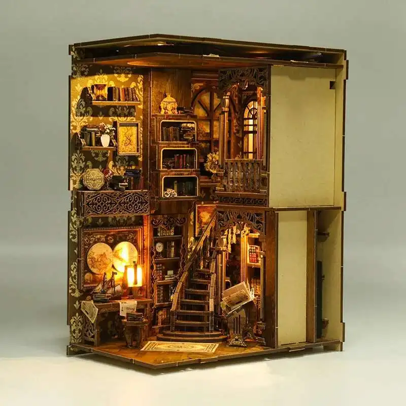 

DIY Wooden Antique Book Collection Room Book Nook Shelf Insert Miniature Model Kits With Light Bookshelf Bookend Friends Gifts