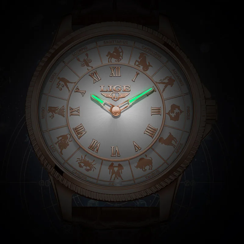 LIGE Men Watch Fashion Creative 12 Constellation Big Dial Watch Men Brown Leather Luminous Waterproof Quartz Chronograph Male