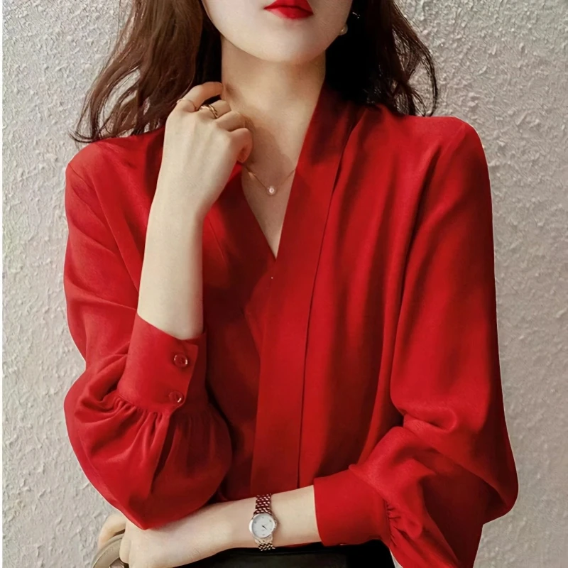 2024 New Spring and Autumn Korean Edition Fashion Minimalist Blouses Long Sleeve Solid Color V-neck Button Women\'s Shirt Top