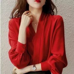 2024 New Spring and Autumn Korean Edition Fashion Minimalist Blouses Long Sleeve Solid Color V-neck Button Women's Shirt Top