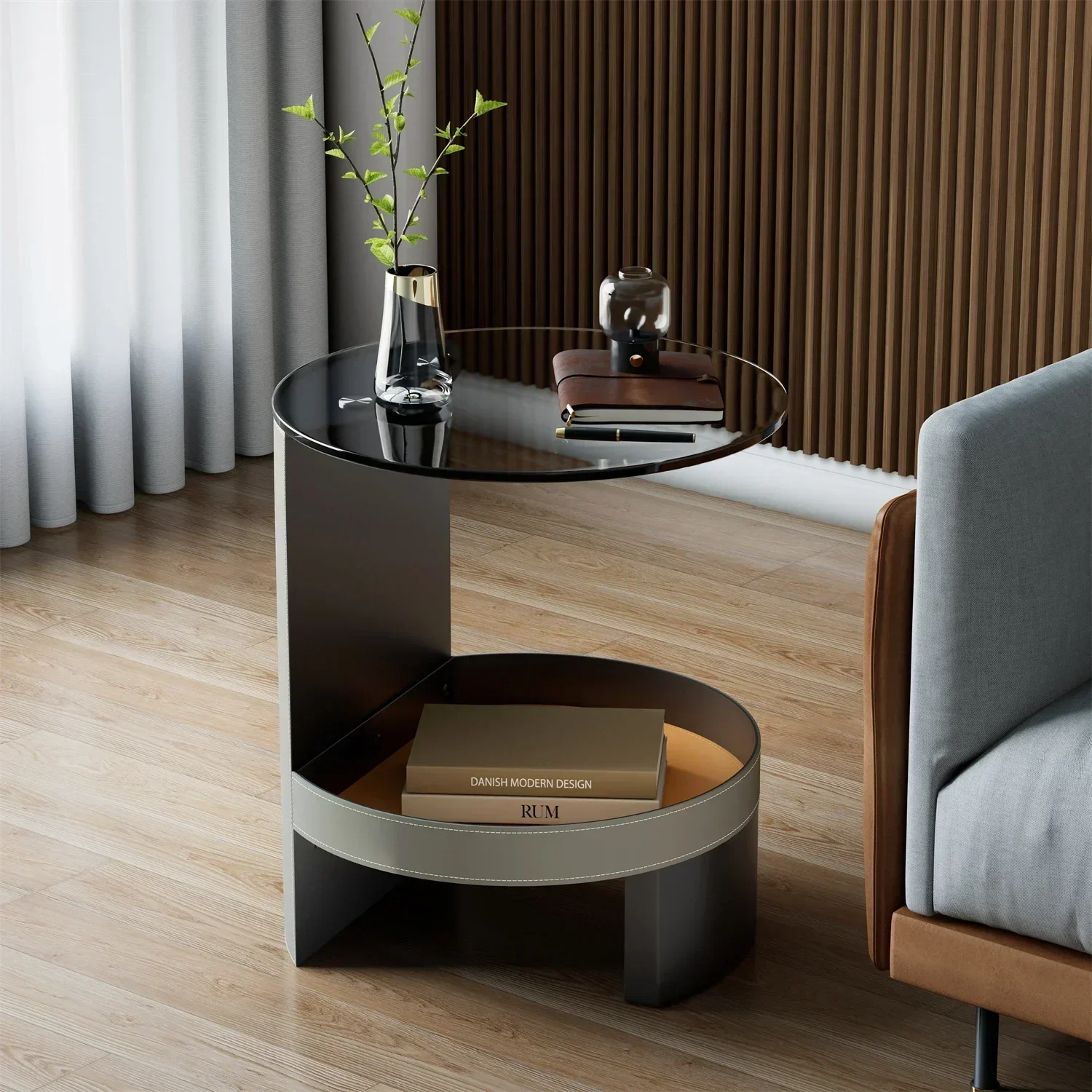 Y Unique 2-Tier Side End Table with Tempered Glass Top, Saddle Leather Shelf, Coffee Accent Table for Living Room and Bedroom